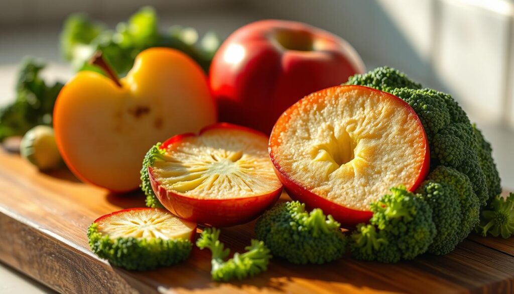 Apfel und Brokkoli auf Schneidebrett